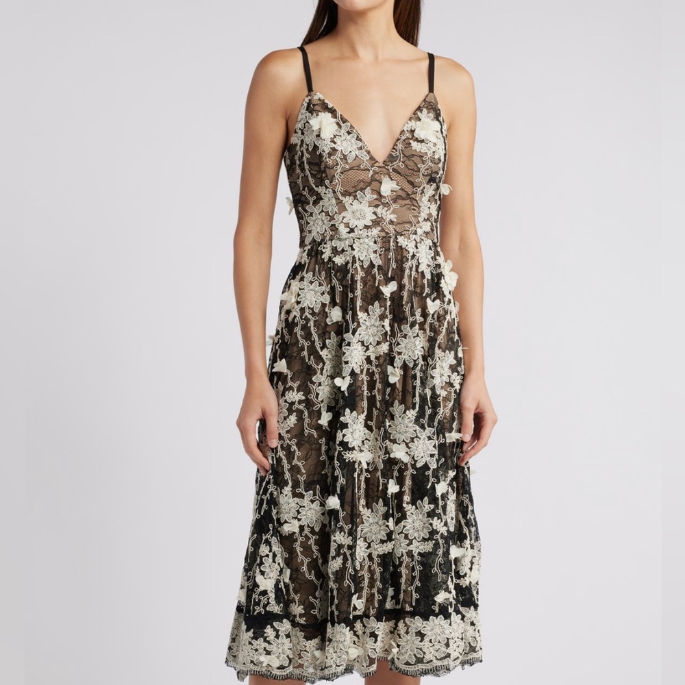 Dress the Population Tahani Embroidered Lace Cocktail Midi Dress